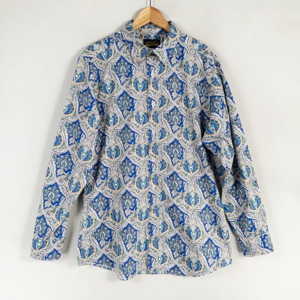 Cremieux Premium Denim Button Up Shirt Mens L Blue Paisley Cotton Long Sleeve